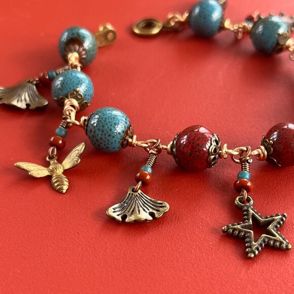 Boho Bracelet, Ceramic Beads, Nature Charms, Handmade Whimsical Jewelry - Picture 7 of 10